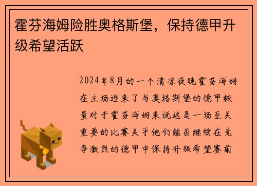 霍芬海姆险胜奥格斯堡，保持德甲升级希望活跃