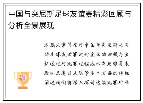 中国与突尼斯足球友谊赛精彩回顾与分析全景展现